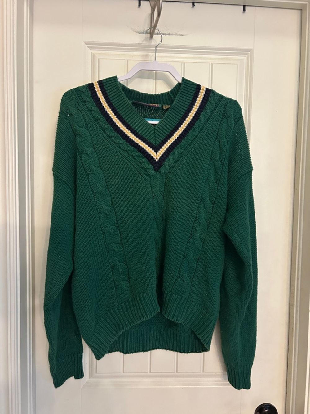 Classic Green Cable-Knit V-Neck Sweater with Navy and Cream Stripe